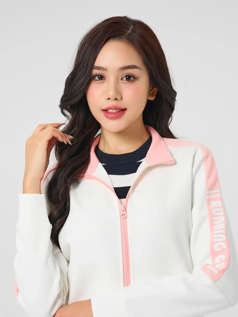 Áo Khoác Nỉ Thể Thao Nữ Cổ Dựng Phối Tay - Trắng - M