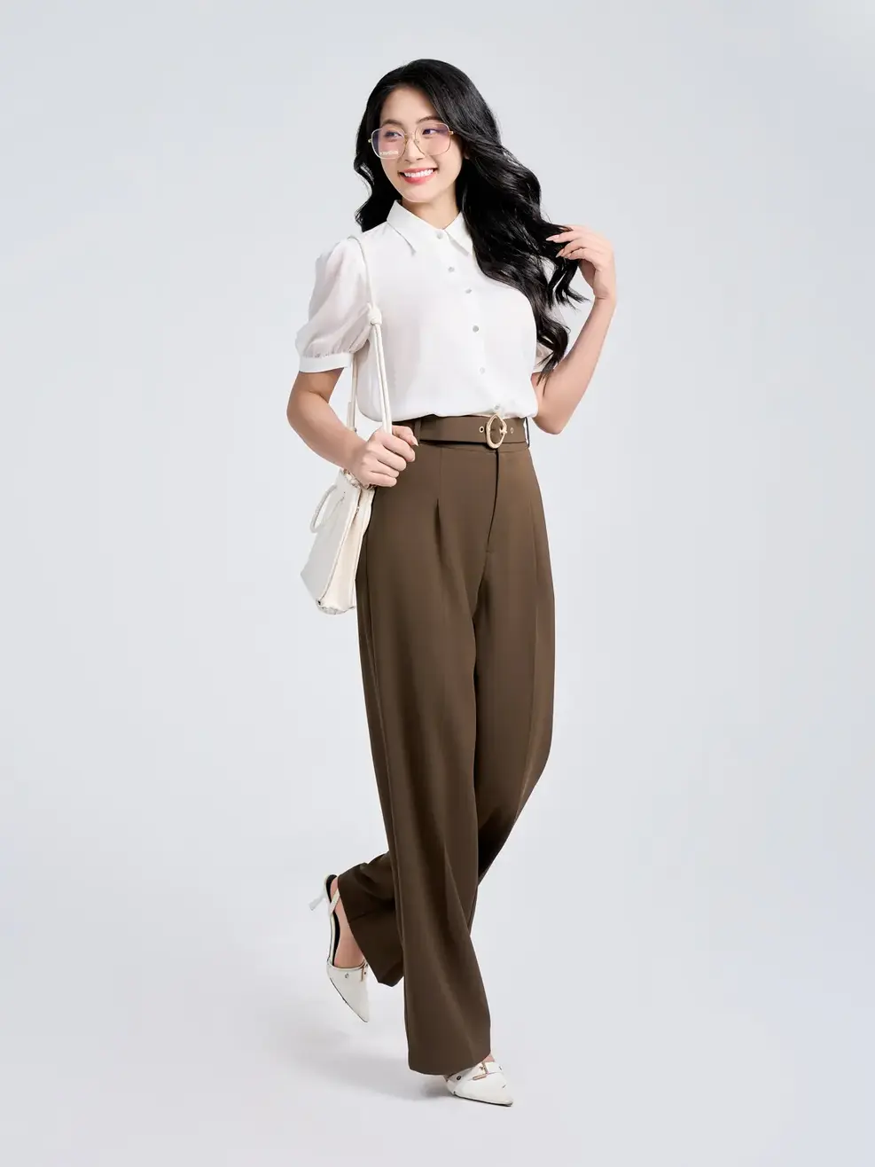 Áo Sơ Mi Tay Ngắn Nữ Tay Phối Tơ Bồng - Trắng - M