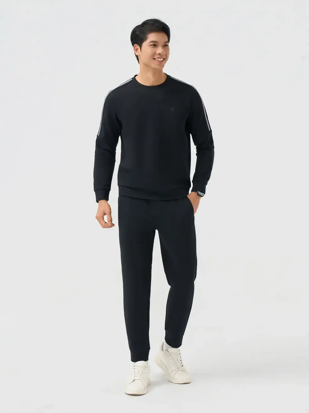 Bộ Đồ Nỉ Thể Thao Cổ Tròn Dây Dệt - ĐEN 002 - M