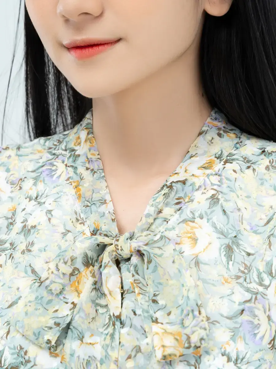 Đầm hoa nhí cổ buộc nơ - Xanh - S