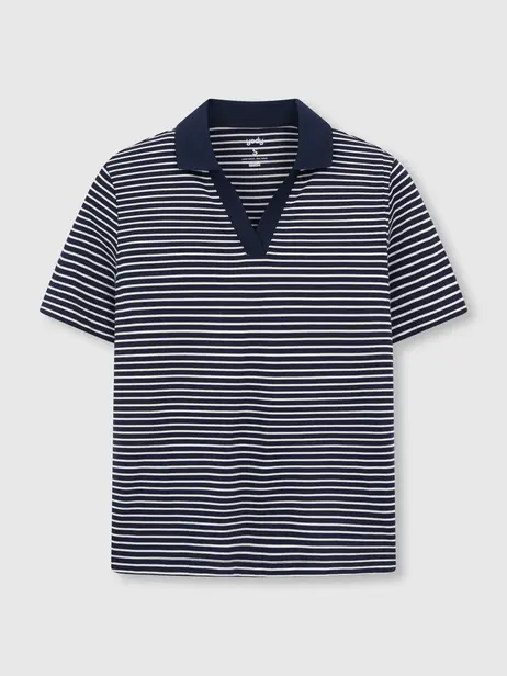 Áo Polo Nữ Kẻ Dáng Suông Cổ V