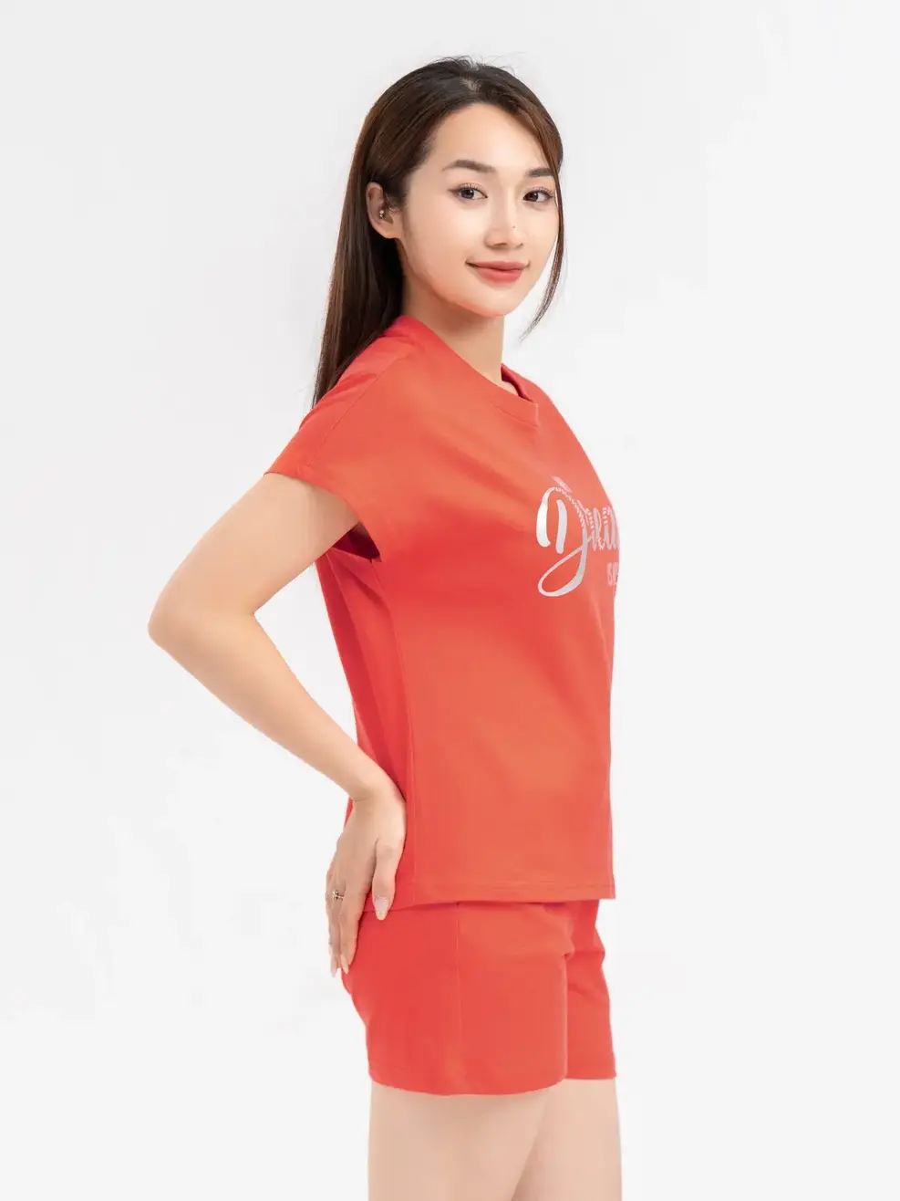 Đồ Bộ Nữ Sooc Tay Rơi Đính Đá 100% Cotton - Hồng - S