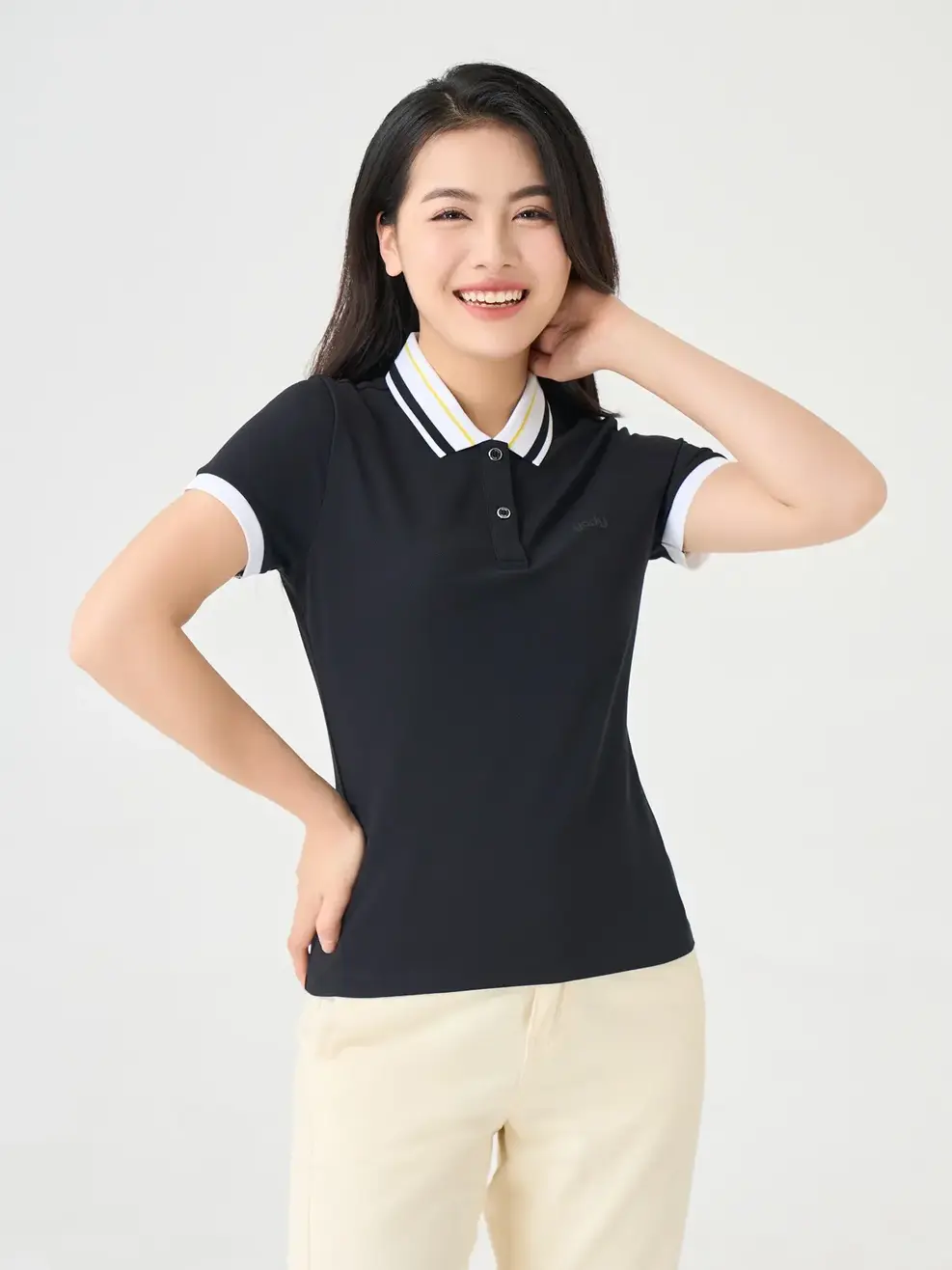 Polo Nữ Cafe Dệt Tổ Ong Phối Bo Nổi Bật - Đen - S
