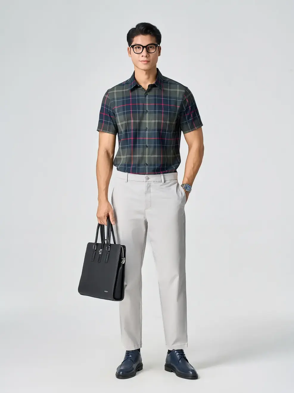 Áo Sơ-mi Nam Kẻ Caro Túi Ngực - Kẻ Tím Than 100 - S