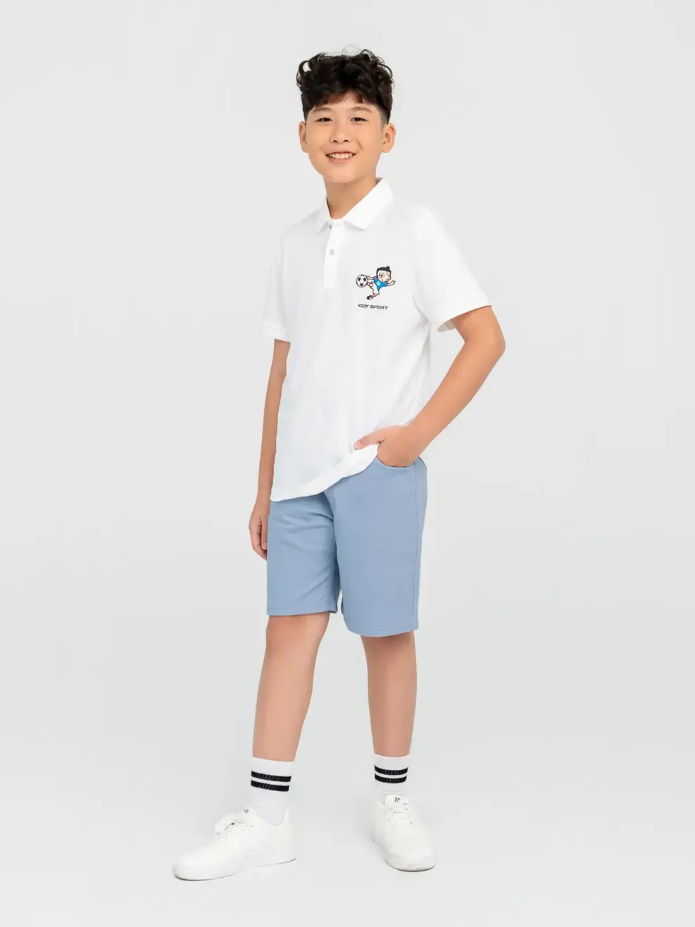 Áo Polo Thể Thao Trẻ Em In Cậu Bé Đá Bóng - Trắng - 8