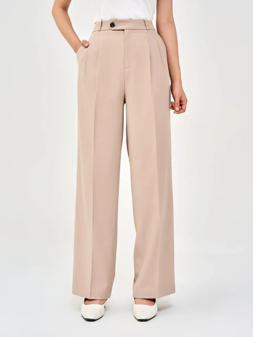 Quần Tây Nữ Ống Đứng Chun Cạp Sau - Ghi be - S