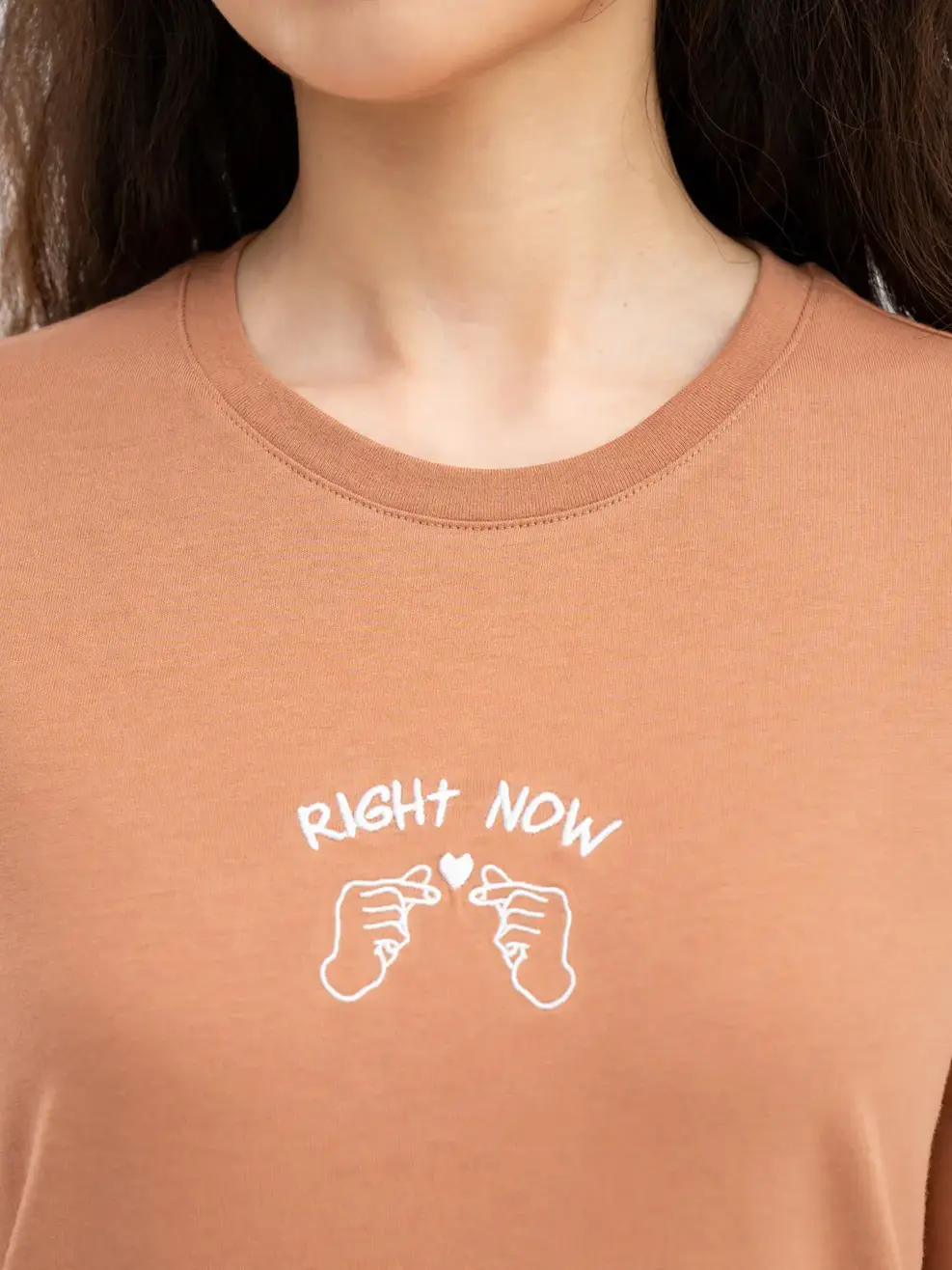 T-shirt Nữ Thêu Chữ Right Now Cotton Usa - Nâu - L