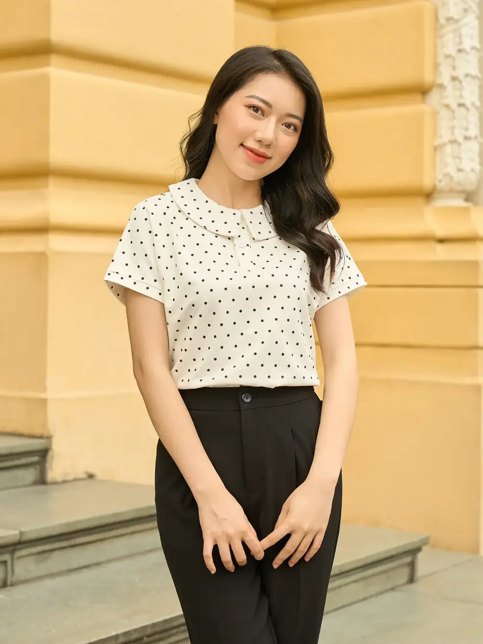 Áo polo nữ mắt chim chấm bi cổ sen - Trắng - S