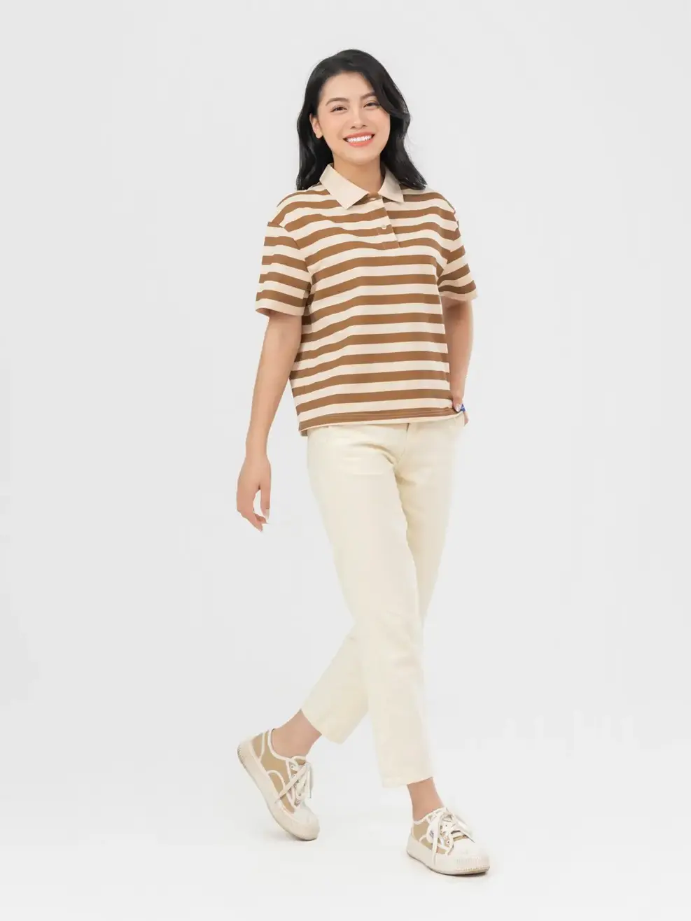 Áo Polo Nữ Mắt Chim Kẻ Ngang - kem kẻ nâu - S