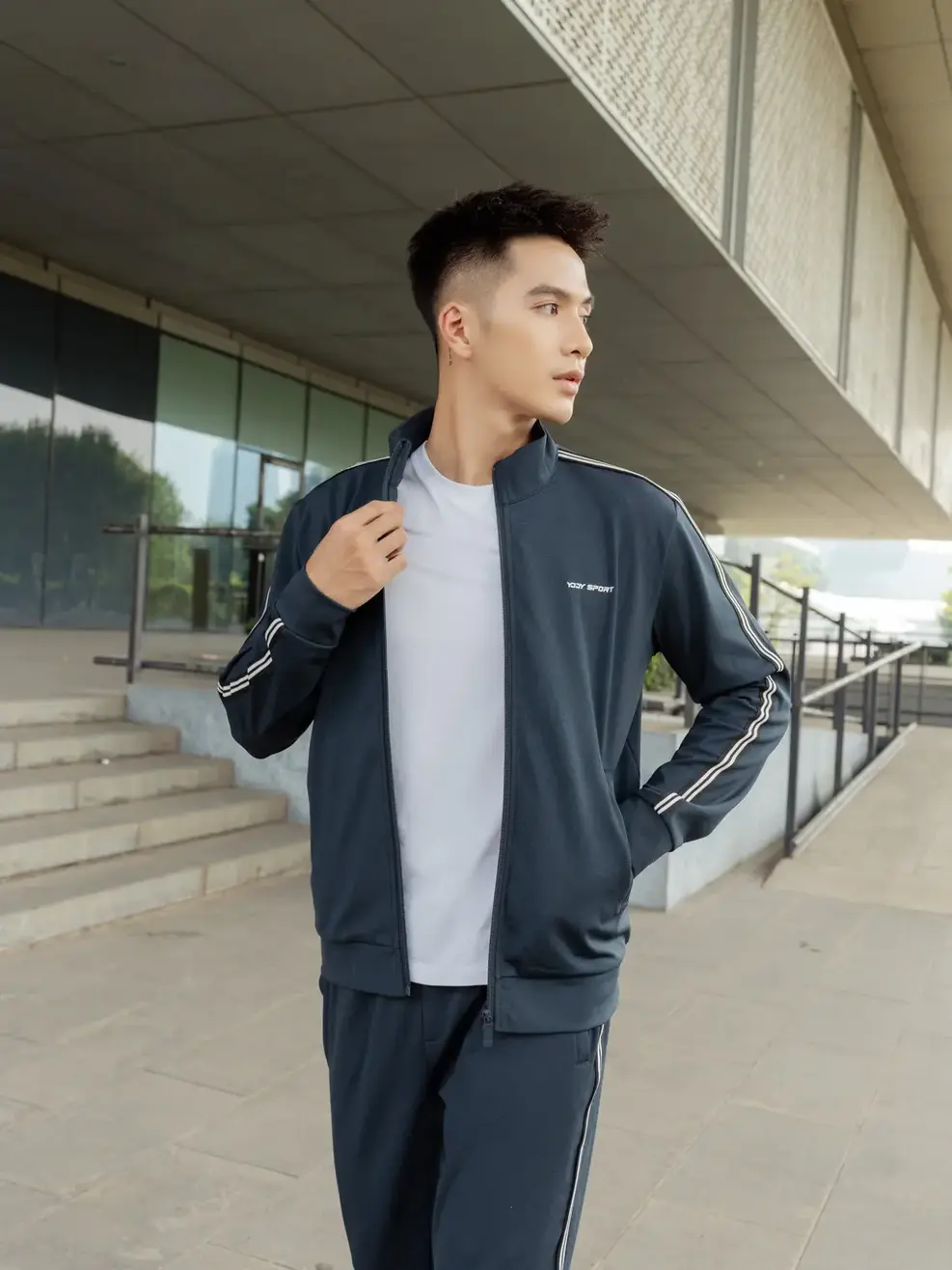 Bộ đồ thể thao nam nỉ Double Face phối dây dệt - Xanh than - XL