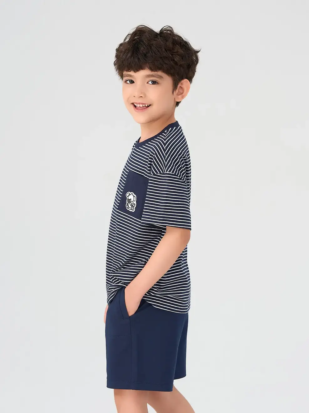 Áo Thun Cộc Tay Trẻ Em Kẻ Phối Túi - Kẻ navy - 2-3