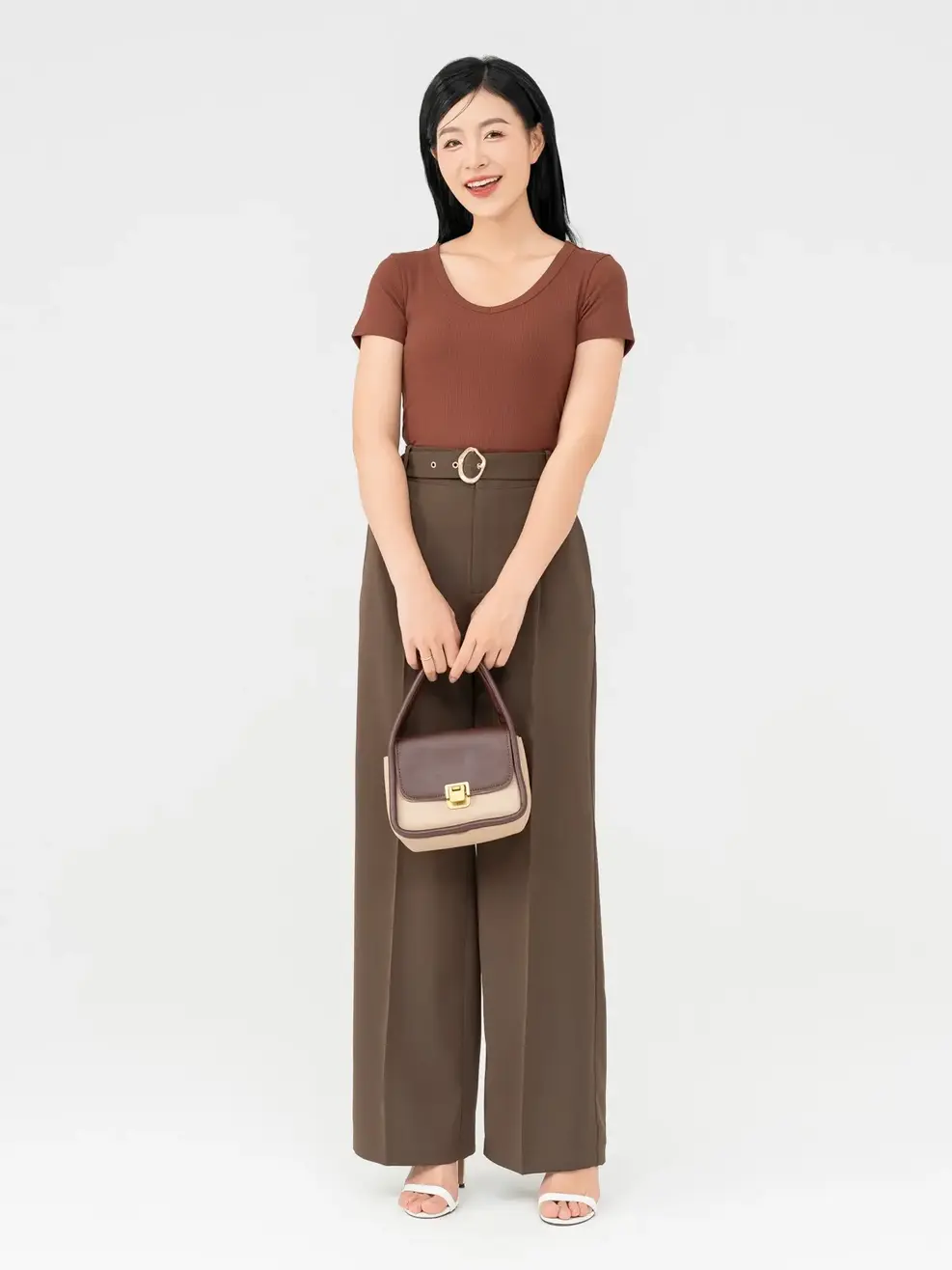 Áo Phông Nữ Thun Rib Cổ Tim - Nâu - S