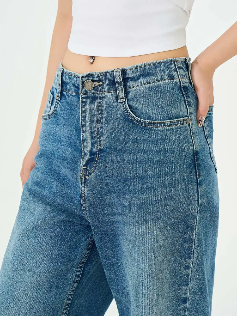 Quần Jeans Nữ Wide Leg Liền Cạp Chiết Ly - Màu chàm 001 - 26