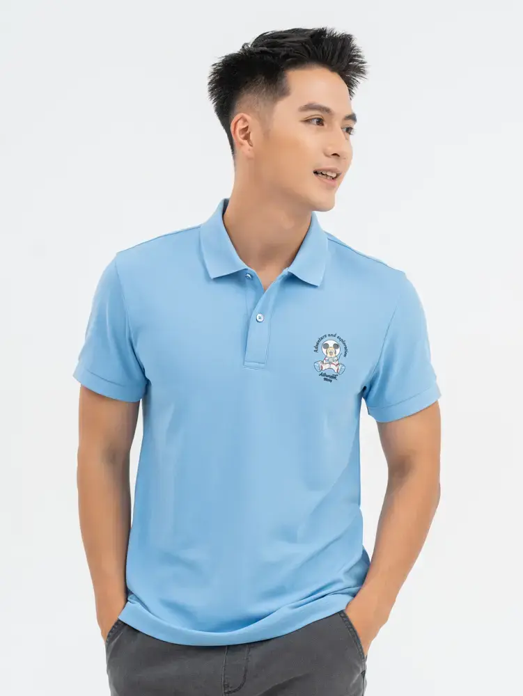 Polo Nam Cafe Dệt Tổ Ong Mickey In Ngực - Xanh lơ - M