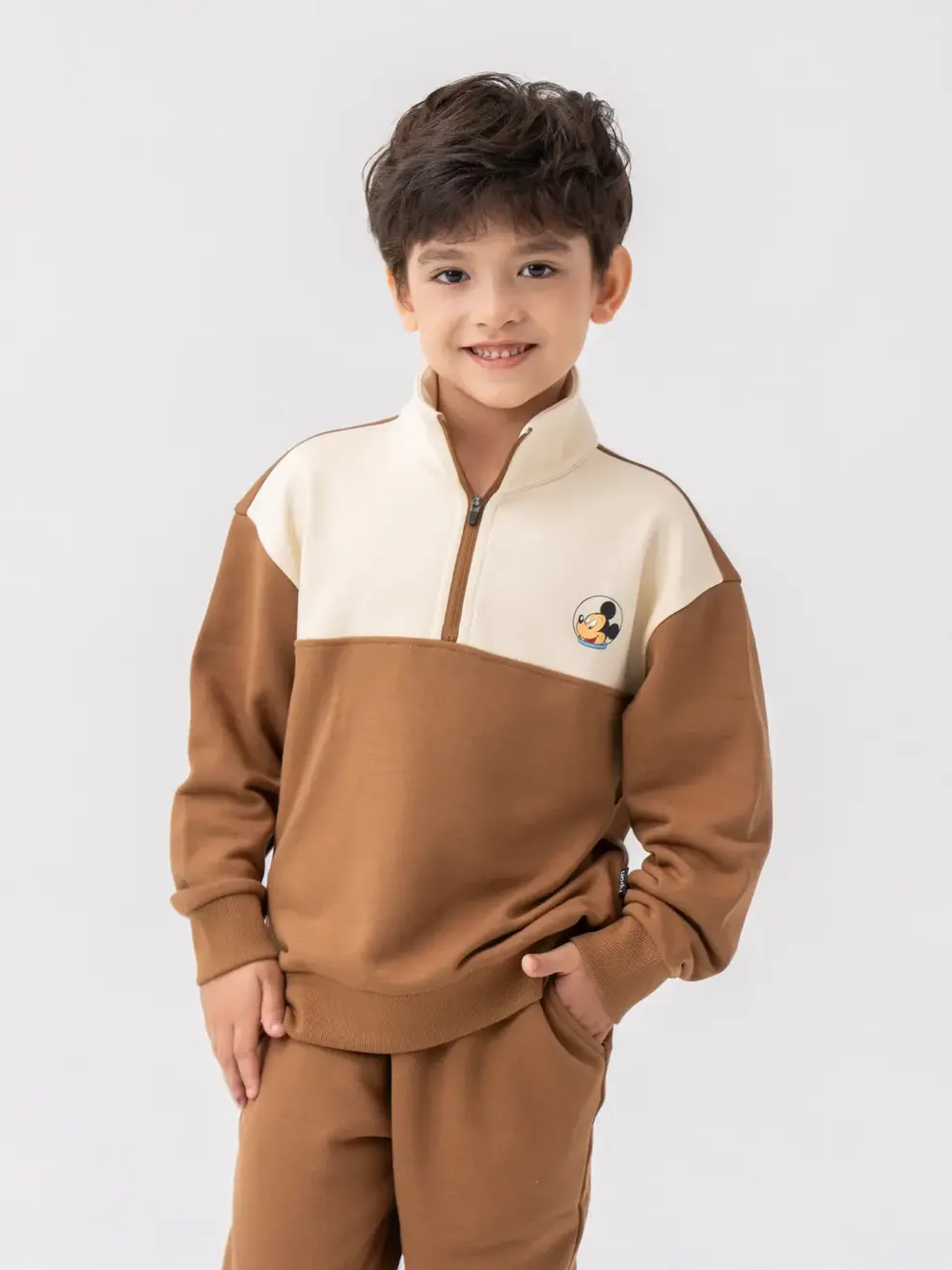 Bộ Đồ Thu Đông Kid Cổ 5 Phân  In  Mickey Sau Lưng - Nâu 1 - 2