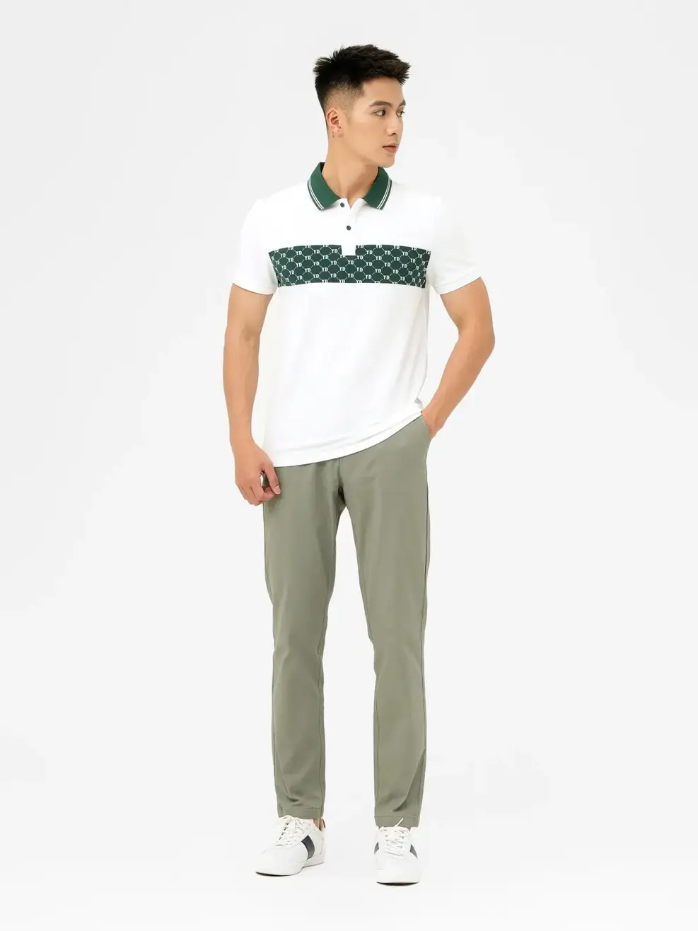 Polo Nam Cafe Hoạ Tiết Monogram - Xanh rêu - M