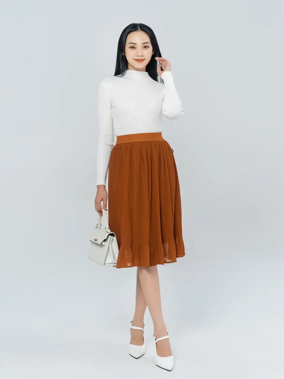 Chân váy cạp chun dập tầng - Nâu - S