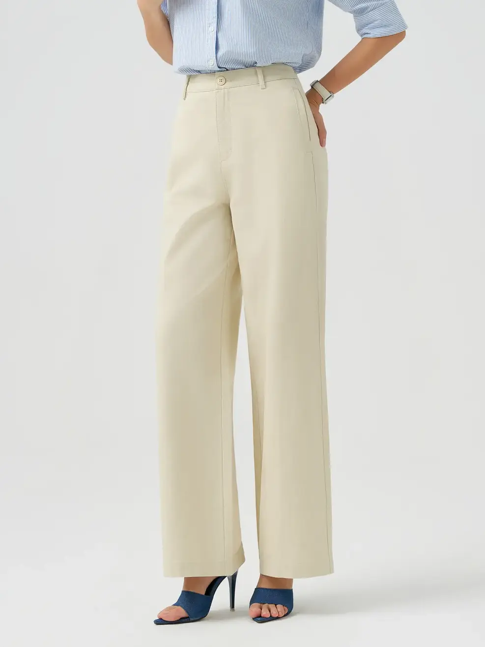 Quần Khaki Dáng Suông Cạp Cao Cơ Bản - Trắng 037 - 26