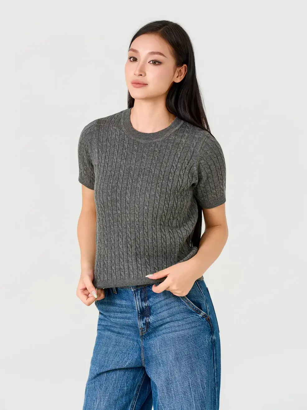 Áo Len Nữ Ngắn Tay Dệt Vặn Thừng - Phối Màu Xám 201 - S
