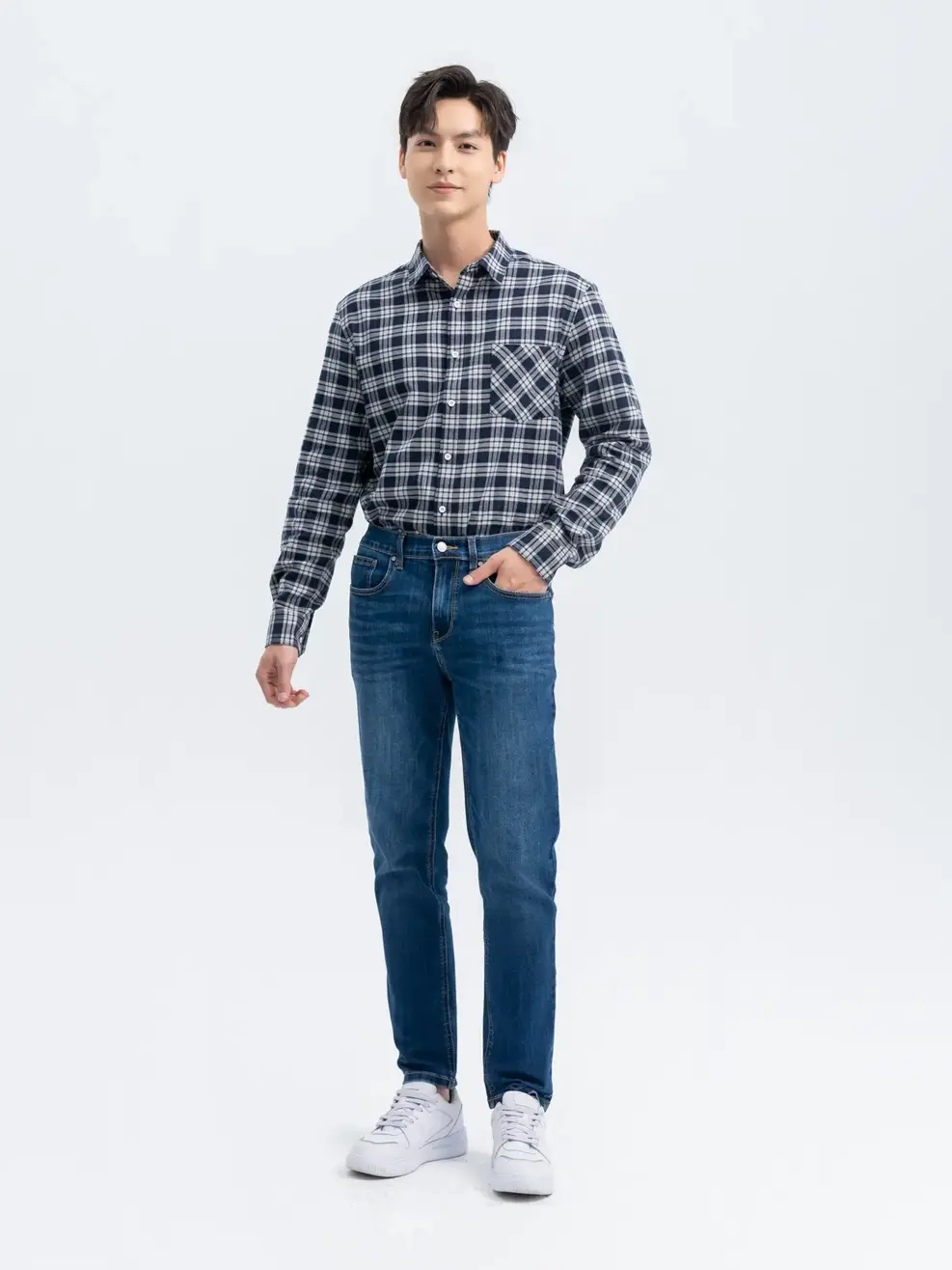 Sơ Mi Dài Tay Nam Kẻ Caro Túi Ngực - Kẻ xanh đen - M