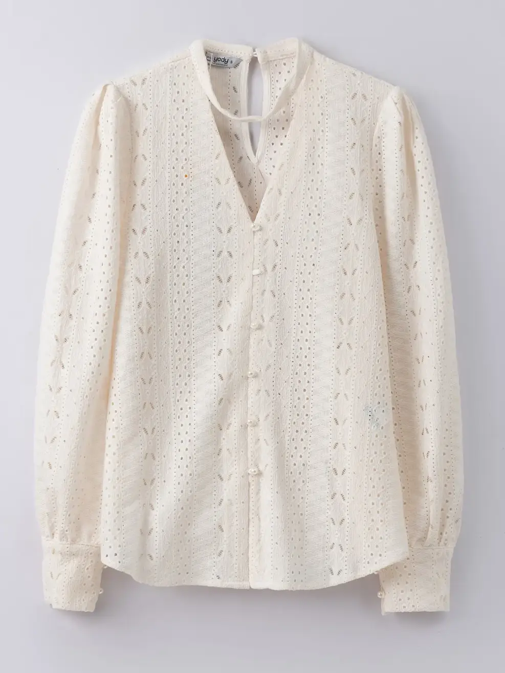 Sơ Mi Dài Tay Nữ Cổ Choker Vải Knit Họa Tiết - Trắng - S