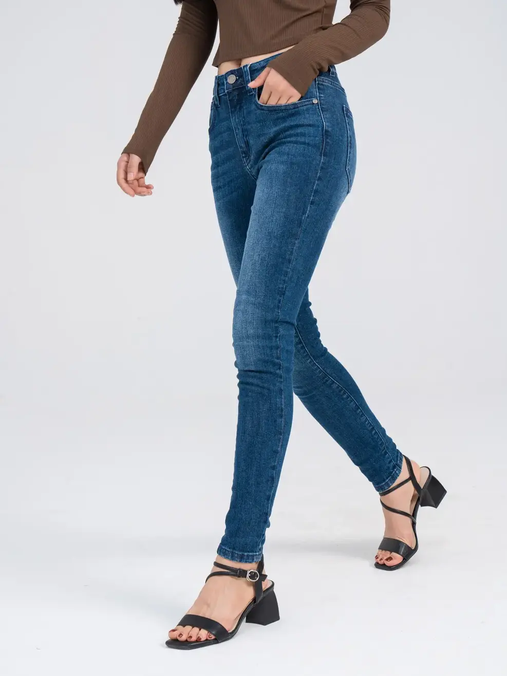 Quần jeans nữ skinny túi đồng hồ chéo - Xanh đậm