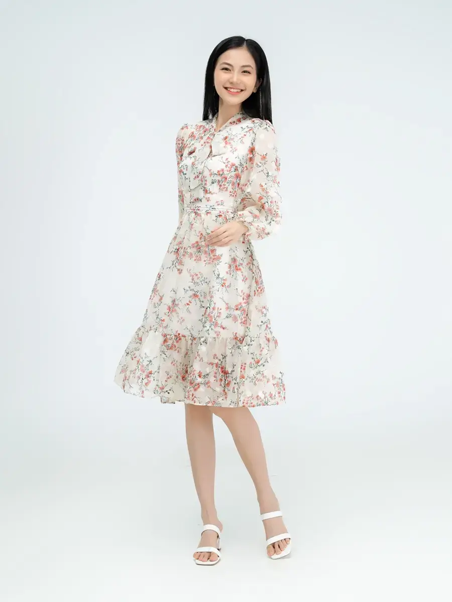 Đầm hoa nhí cổ buộc nơ - Hồng - M
