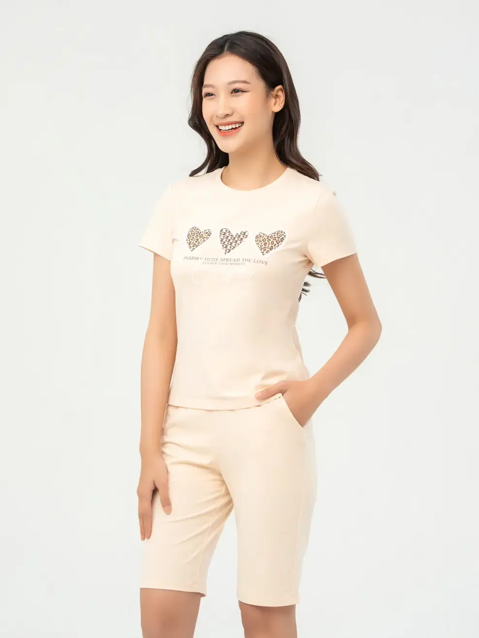 Đồ Bộ Nữ Cotton 95/ In Trái Tim - Be - S
