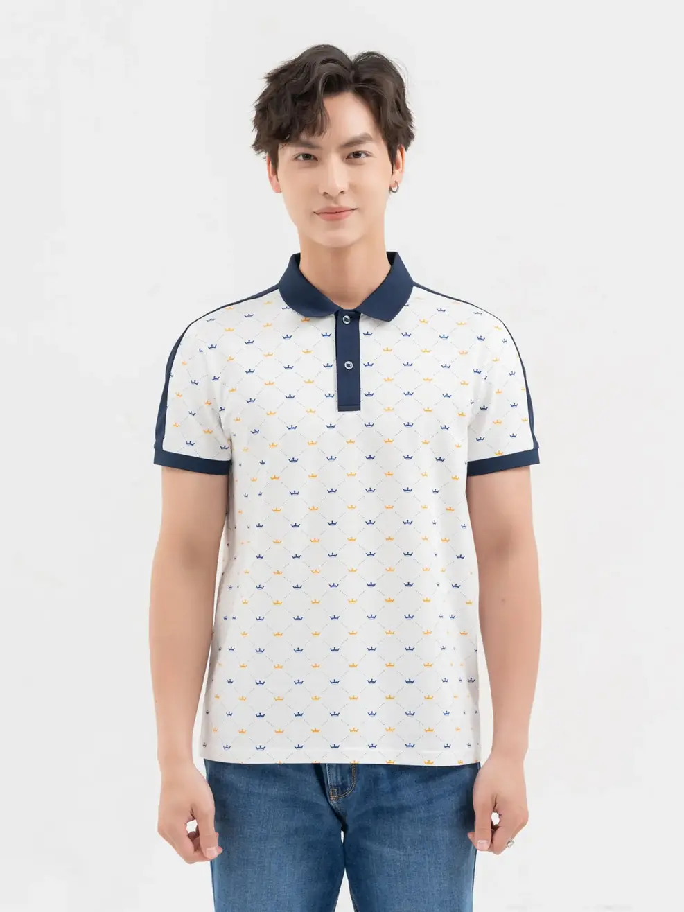 Áo Polo Nam In Vương Miện - Trắng phối navy - M