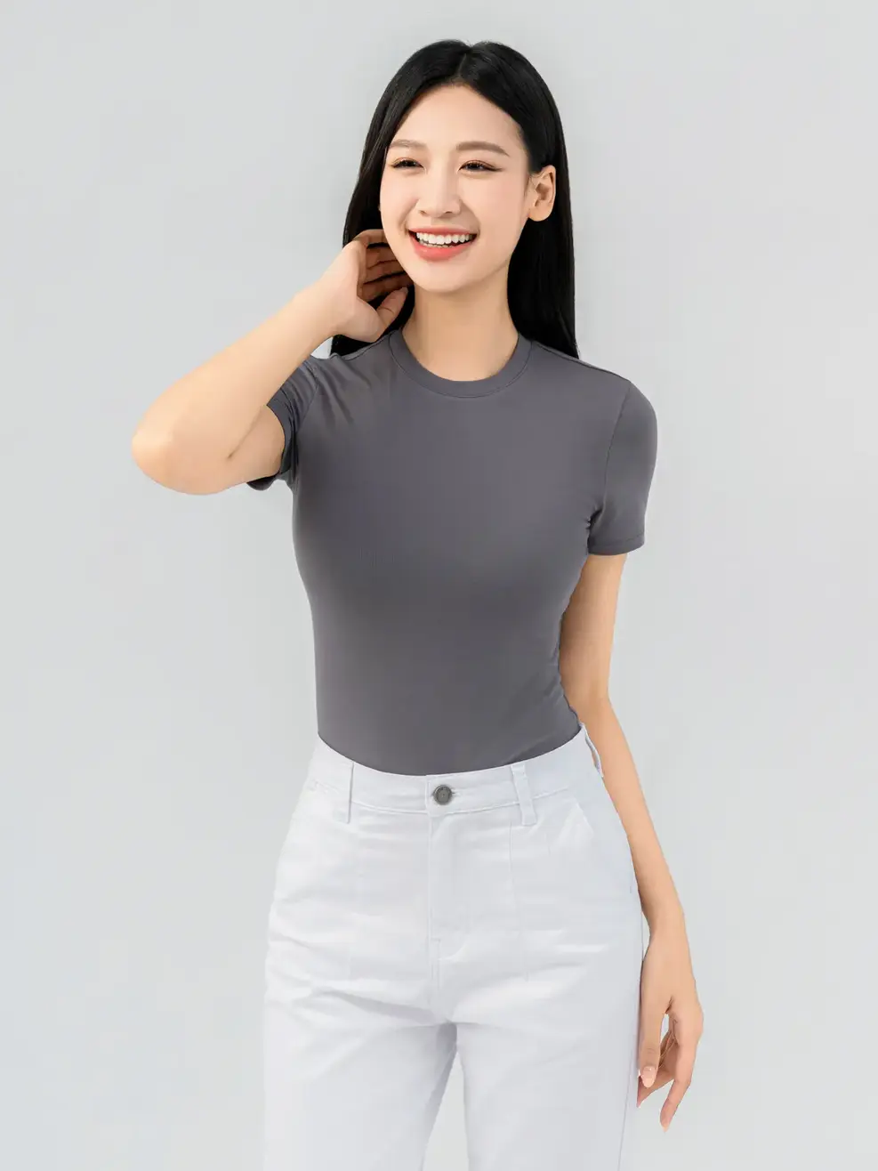 T-shirt Nữ Ôm Cổ Cao Crotop - Xám - S