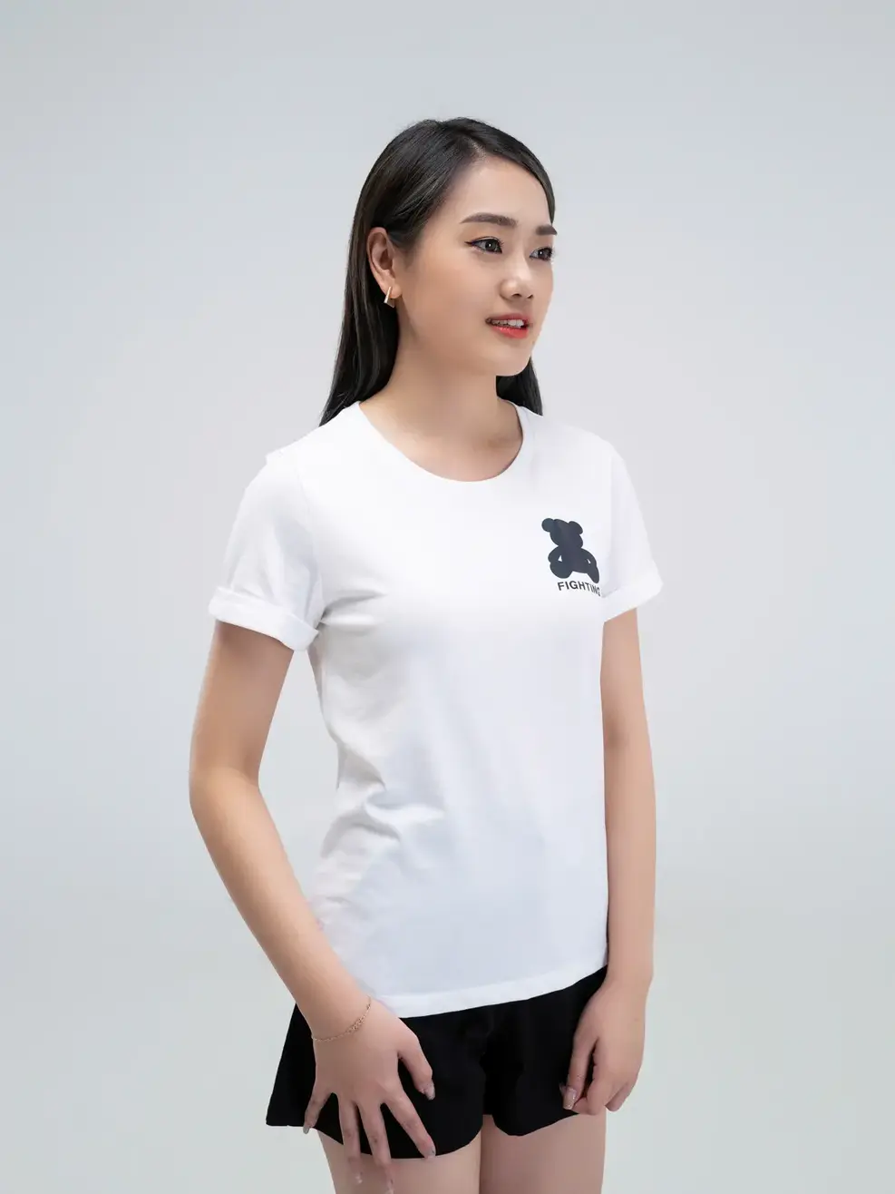 Áo thun nữ in gấu fighting - Trắng - XL