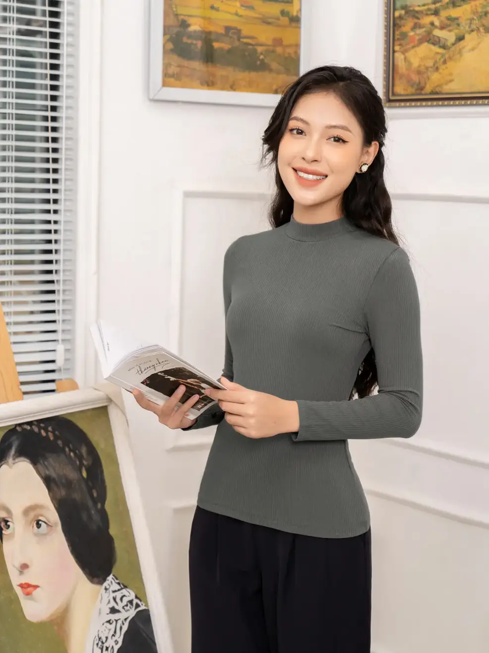 Áo thu đông nữ ôm cúc tay - Tàn Trung - M