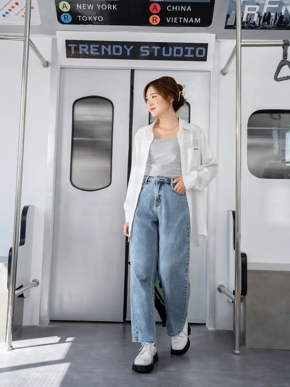 Sơ mi dài tay nữ thô đũi - Trắng - S