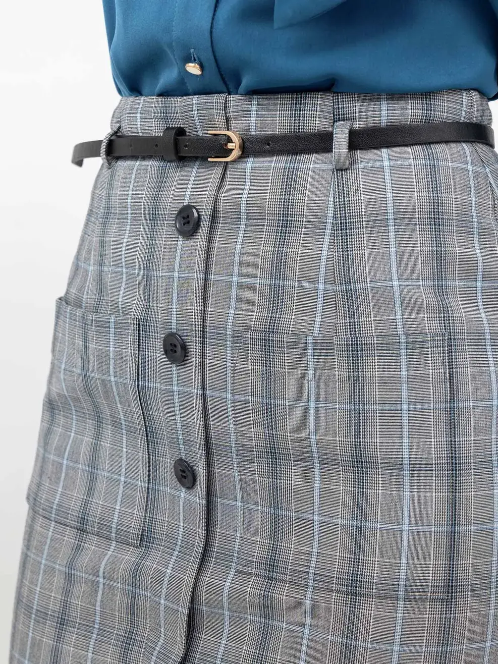 Chân Váy Nữ Dáng Đứng Túi Ốp - Kẻ Xanh - S