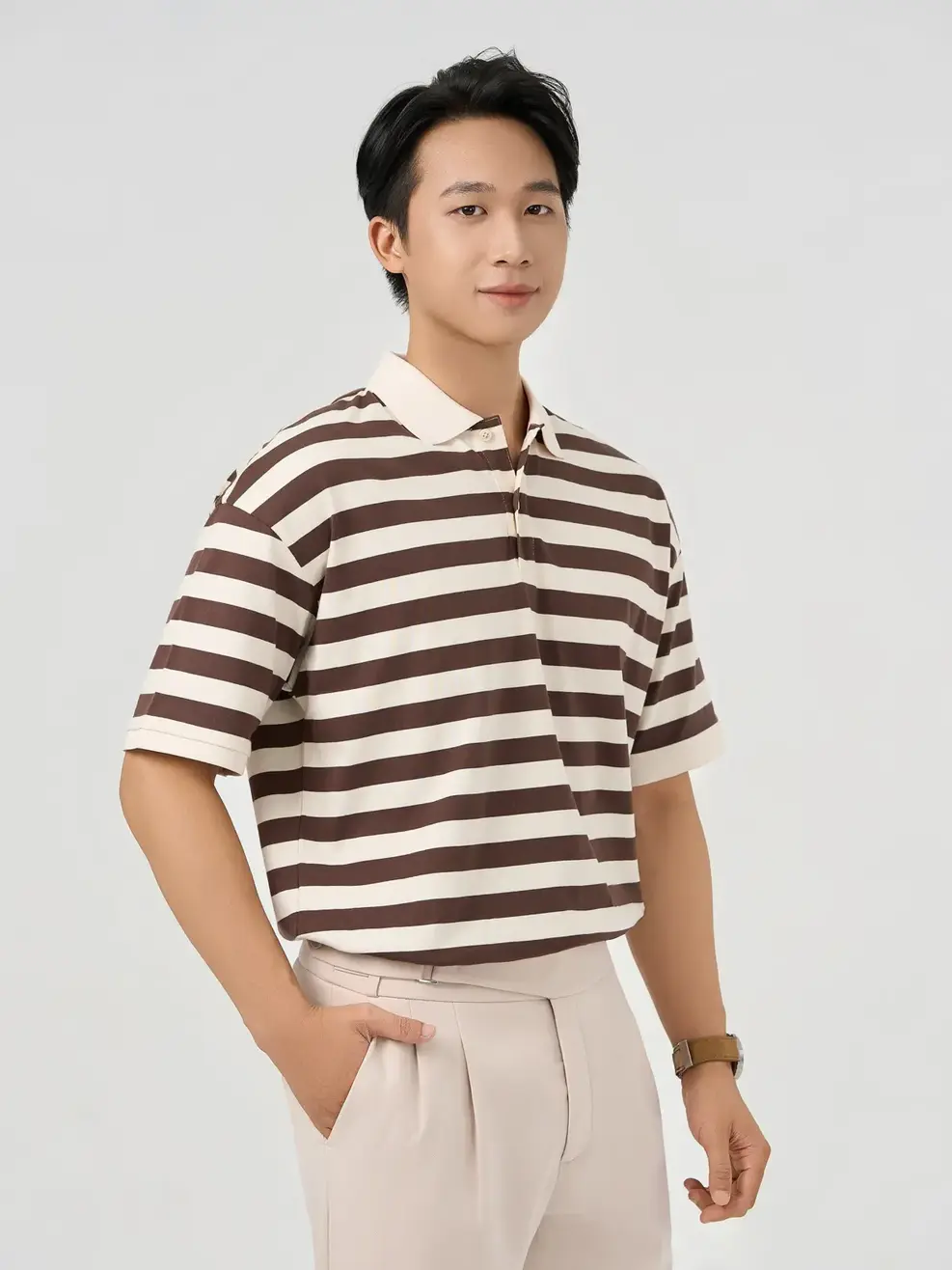 Áo Polo Nam Hoạ Tiết Kẻ - Kẻ Nâu Be - M