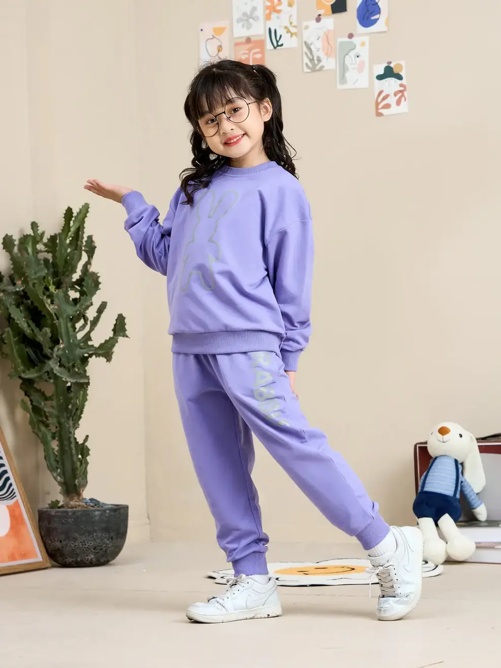 Bộ đồ kid in thỏ - Tím - 2