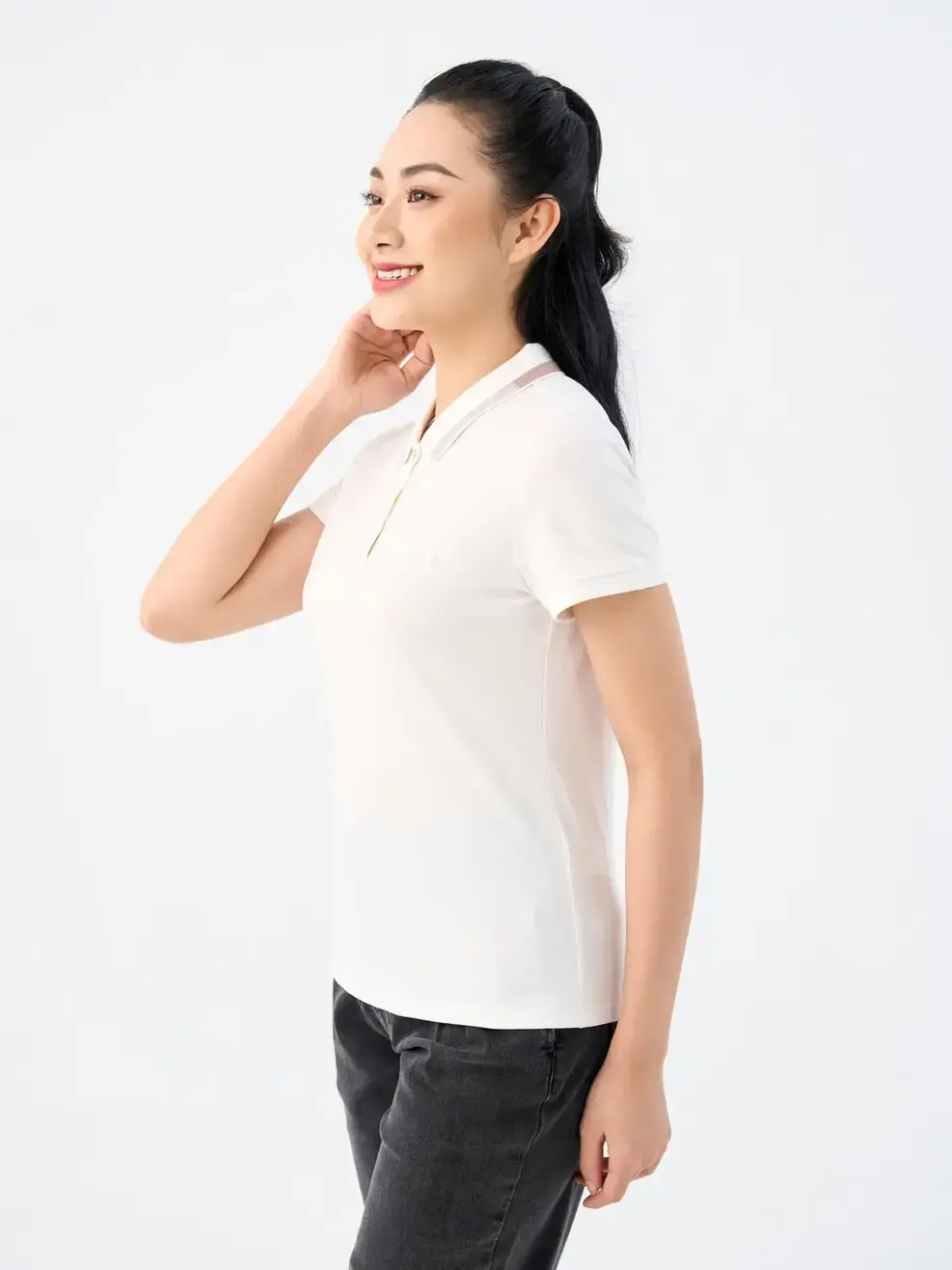 Áo Polo Nữ Mắt Chim Phối Bo-APN3340 - Trắng 001 - S