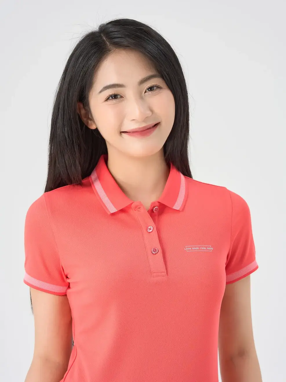 Polo Nữ Cafe Dệt Tổ Ong In Ngực - Hồng cam - S
