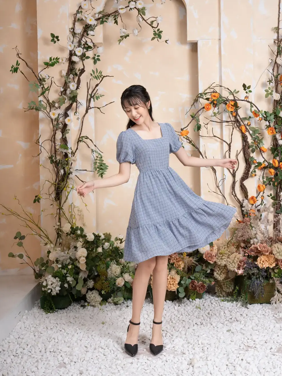 Váy nữ xoè Gingham - Tím than - S