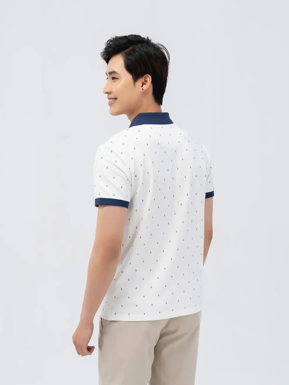 Áo polo nam hình in mỏ neo - Trắng Xanh - L