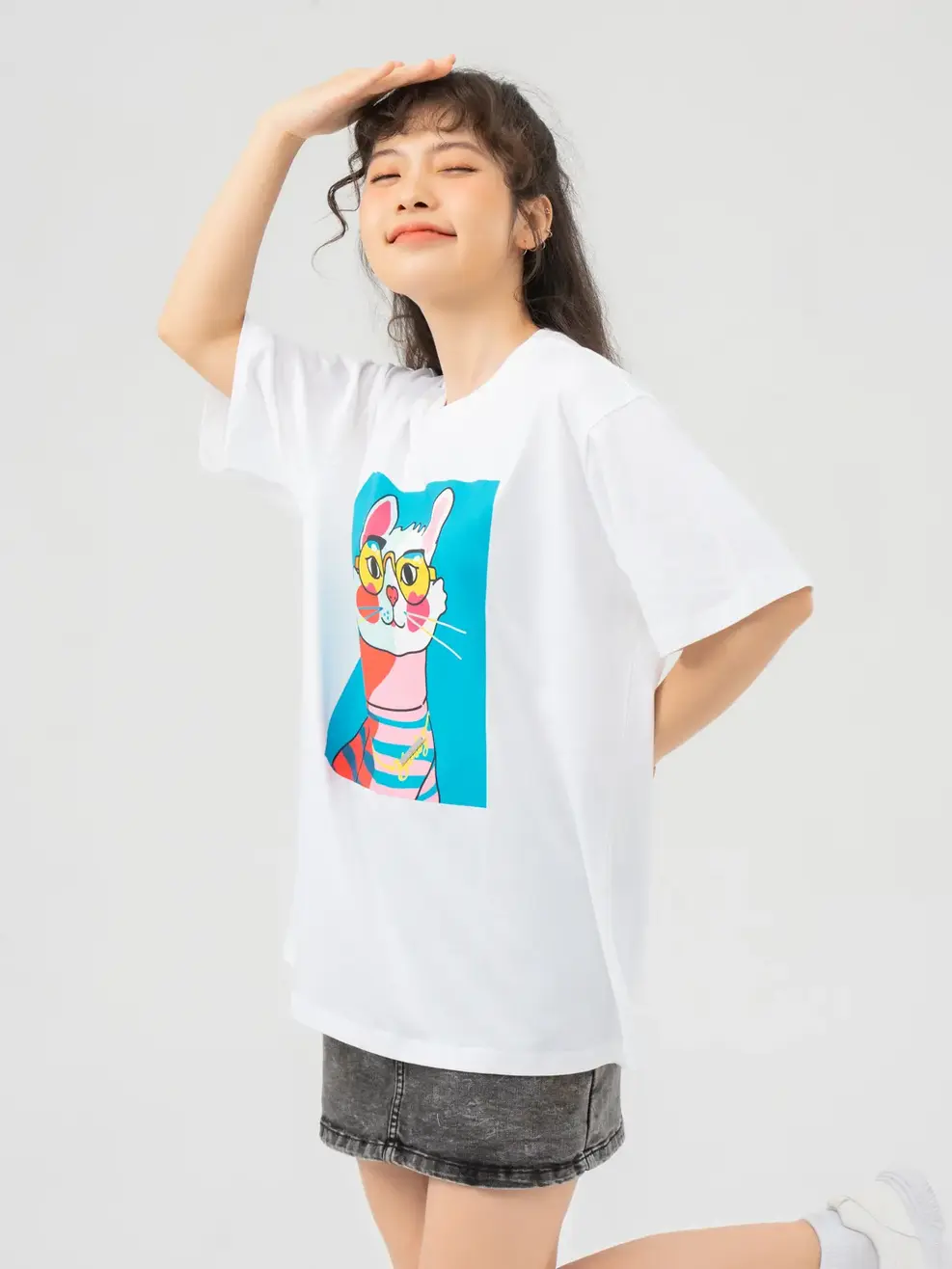T-shirt Nữ In Cat Đeo Kinh Cotton Usa - Trắng 1 - F