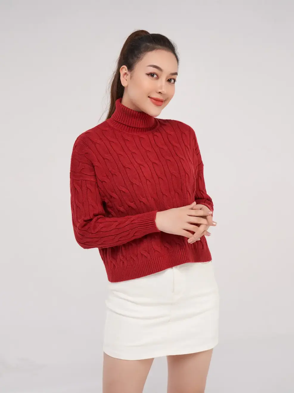 Áo len vặn thừng cổ lọ - Đỏ đô - L