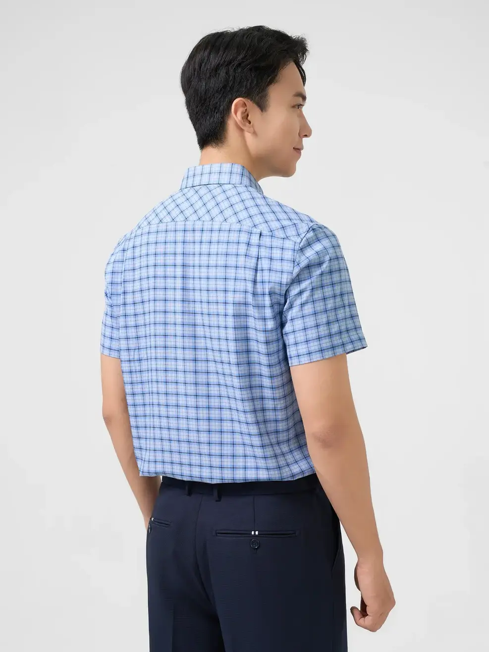 Sơ Mi Cộc Tay Nam Nano Kẻ Caro Túi Ngực - Xanh - M