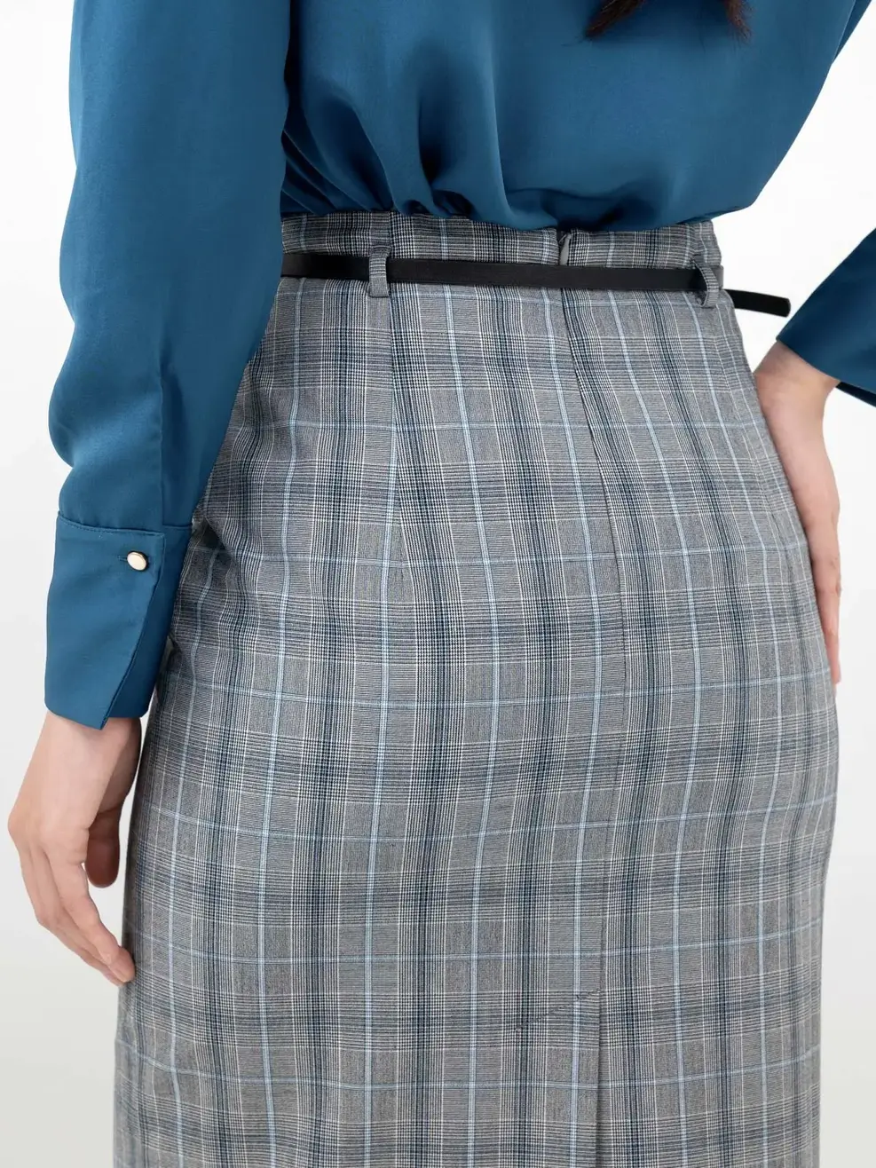 Chân Váy Nữ Dáng Đứng Túi Ốp - Kẻ Xanh - S