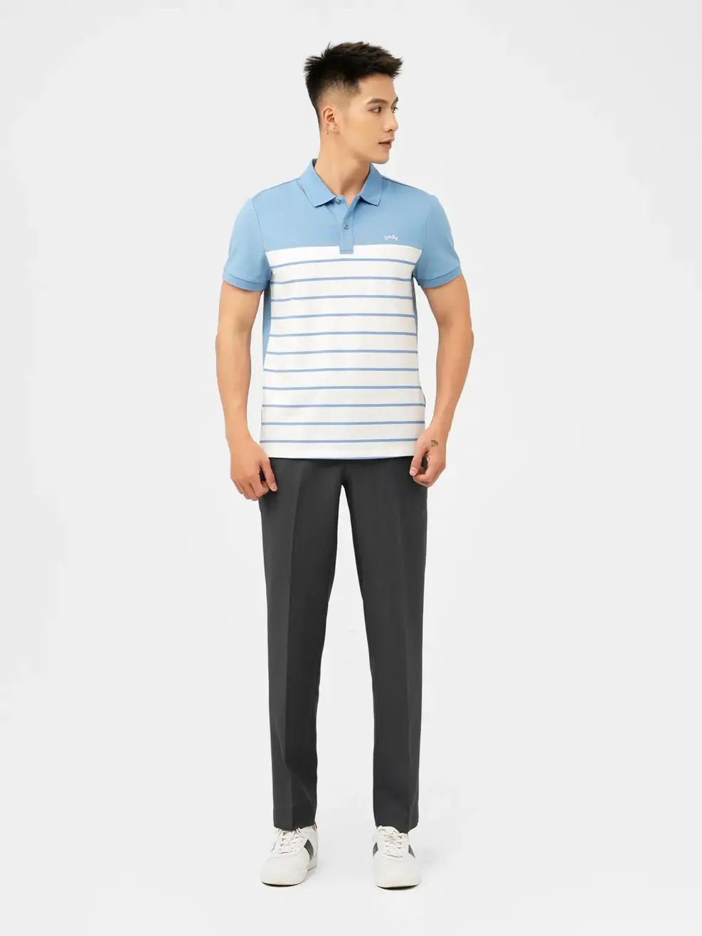 Áo Polo Nam Mắt Chim Phối Màu In Kẻ - Xanh - M