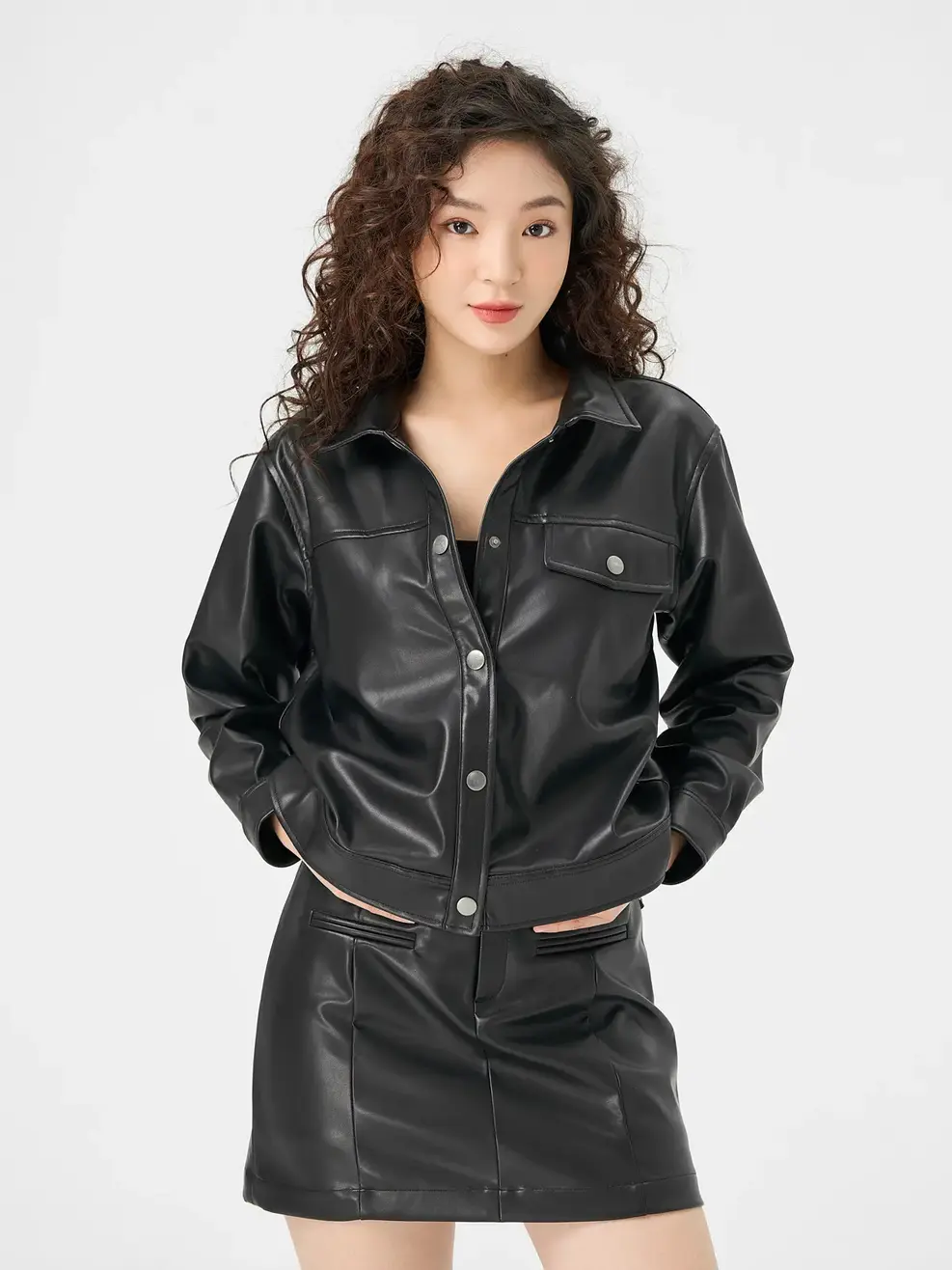 Áo Khoác Nữ Da Kẹp Nắp Túi - Đen - S