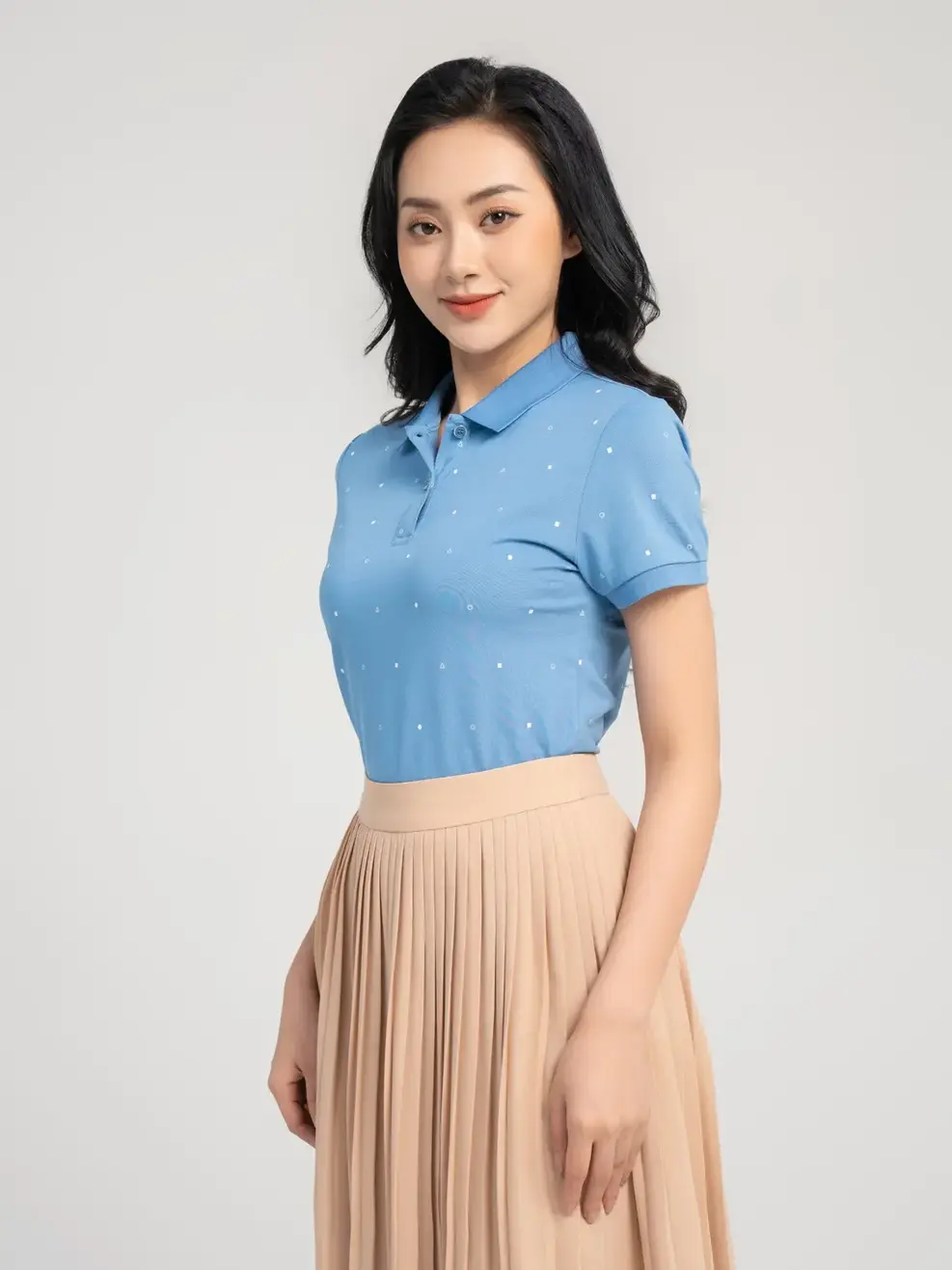 Áo polo nữ mắt chim  in tràn hình học - Xanh - S