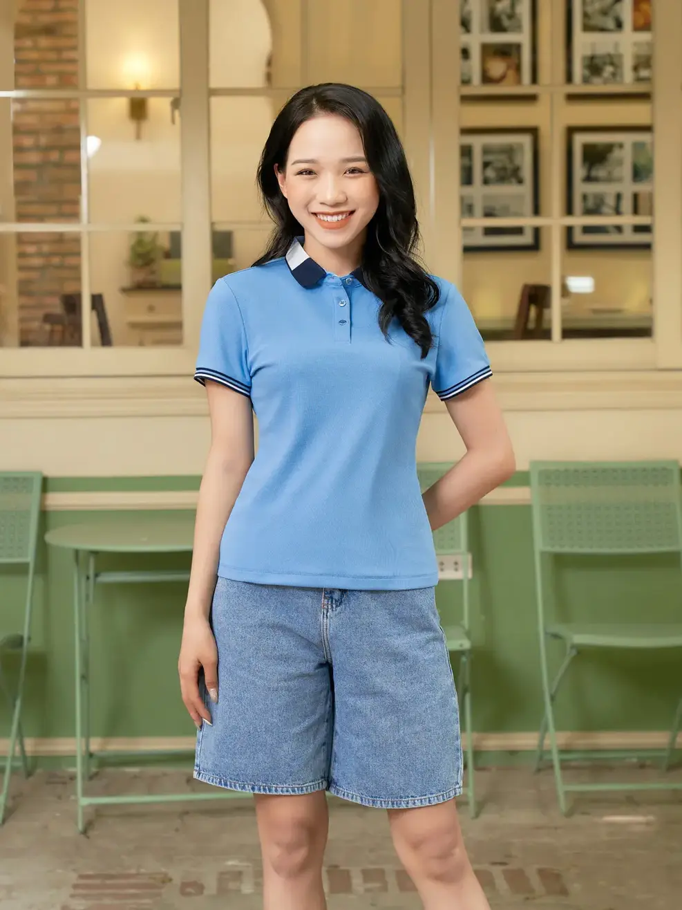 Áo Polo Nữ Airy Cafe bo 3 màu - Xanh Biển - S