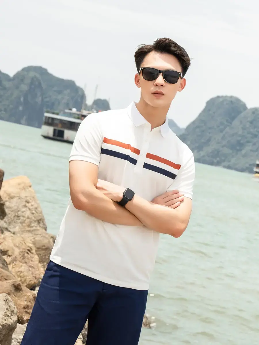 Áo polo nam mắt chim in vạch ngực phối màu - Trắng - M