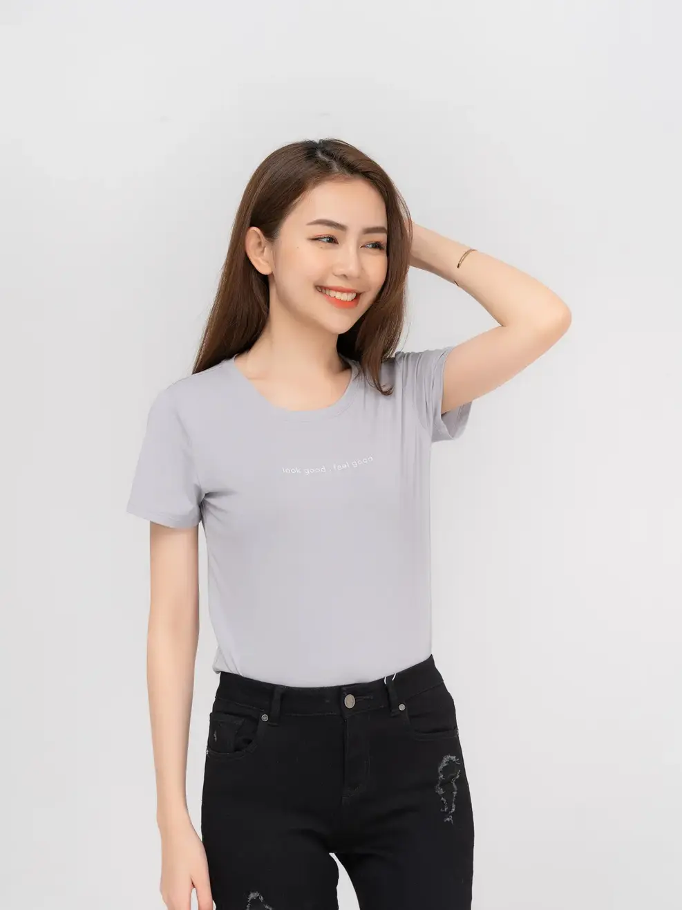Áo phông nữ cổ tròn cotton - Xám - M